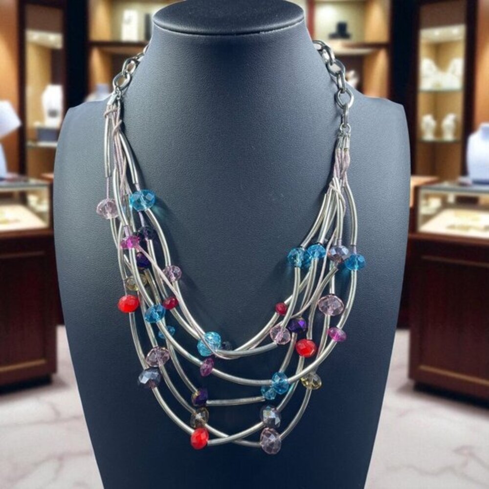 Multicolor Beaded Statement Necklace Bohemian Festival Layered Silver Tone‎ 19"